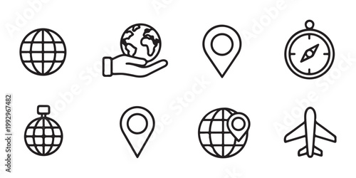 Outline travel and navigation icons set featuring world, location pin, compass, and airplane symbols.