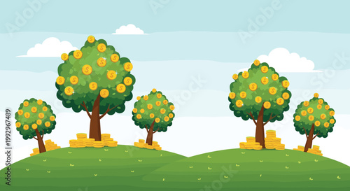 Beautiful green money trees with gold coins grow on a hill representing long term investment and sustainable financial growth.