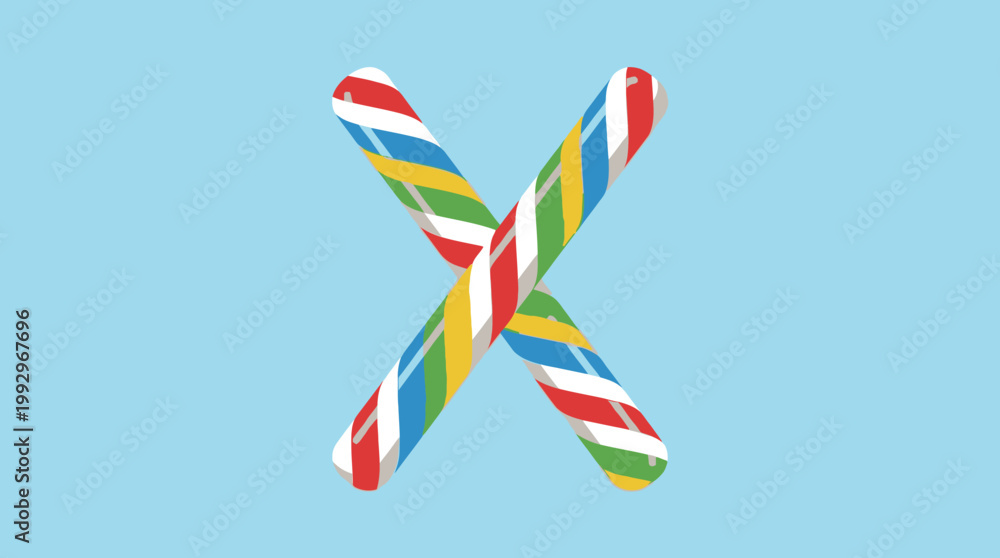 Obraz premium Two colorful candy canes forming an 'X' shape on a light blue background, representing festive holiday treats