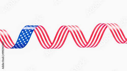 A vibrant red white and blue American flag ribbon waves in a serpentine pattern on a clean white background