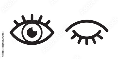 Stylized open and closed eye icons with thick lashes representing vision and sleep for wellness and beauty app.