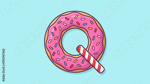 Letter Q donut illustration with festive sprinkles and a candy cane accent on a light blue background