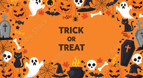 Halloween background frame with trick or treat text surrounded by ghosts pumpkins bats spiders black cats and spooky elements.