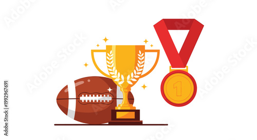 Sports victory concept featuring american football ball with golden trophy cup and first place gold medal on red ribbon.