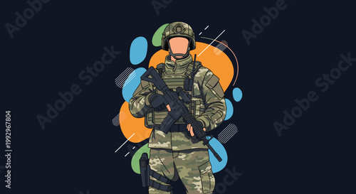 Brave soldier in full camouflage military uniform and tactical gear holding a rifle on a colorful abstract background.