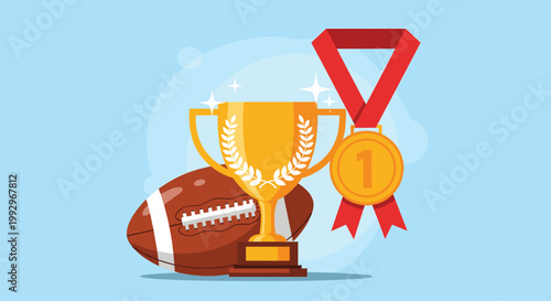 Winners podium concept with golden american football trophy cup and first place gold medal on blue background.