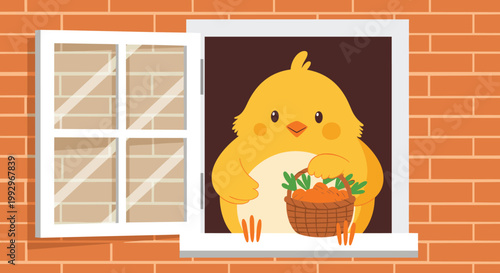 Cute yellow chick looking out of a white window holding a basket full of carrots against a brick wall background.