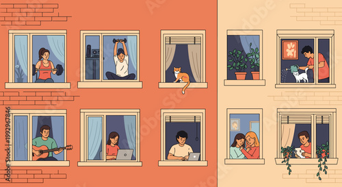 Different activities of neighbors in their apartments seen through windows in two adjacent brick and plaster buildings.
