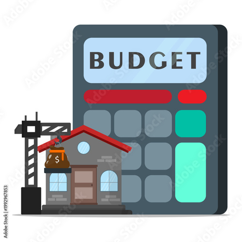Home construction budget concept with calculator and crane lifting money, representing property cost planning, real estate investment, and housing finance management.