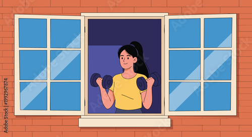 Young woman with ponytail exercising with dumbbells in her room seen through an open window at night under dark sky.