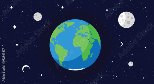 Beautiful planet earth floating in dark space with stars and multiple moons or various celestial bodies around it.