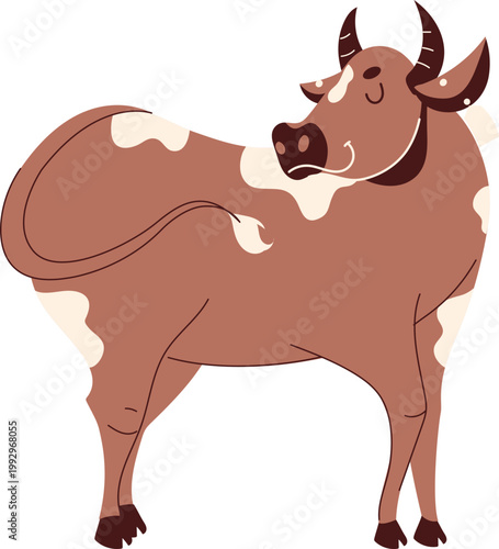 Cute smiling brown and white cartoon cow with horns standing looking back flat vector art.