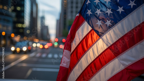 American flag proudly displayed against a blurred city street with evening traffic and building lights