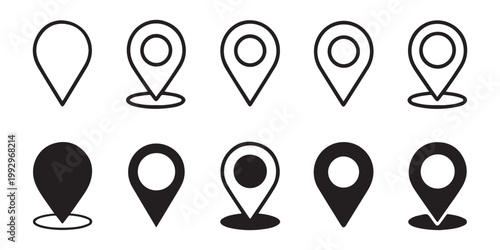 Set of location pin icons with various outline and filled styles. modern black vector symbols.