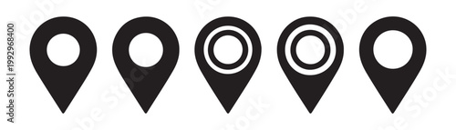 Various location pin icons with solid and concentric circle styles. black vector symbols for applications.