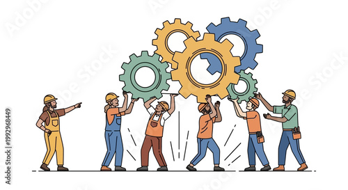 For International Workers’ Day, a group of diverse laborers collaboratively lift large colorful gears in a bright, whimsical illustration with clean lines and a minimalist aesthetic, set