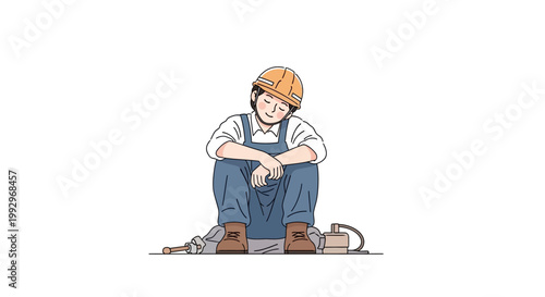 Illustrated worker wearing a hard hat sits slumped with tools around him, representing International Workers’ Day (Labor Day), set against a clean white background with a minimalist style