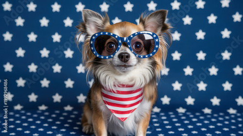 A cute Chihuahua dog wearing star sunglasses and a patriotic bandana sits against a star patterned blue background