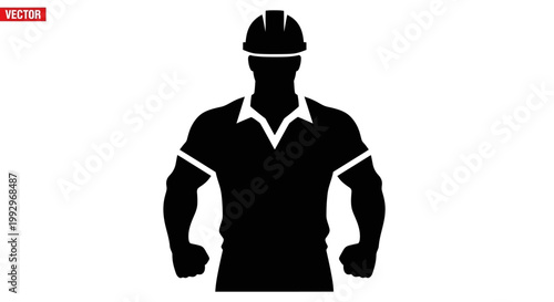 Silhouette of a strong construction worker wearing a hard hat, symbolizing International Workers’ Day (Labor Day), stands assertively against a clean white background in a powerful