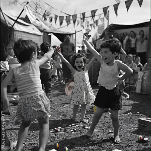 Children playing joyfully at a festive fairground outdoor event vibrant atmosphere candid shot