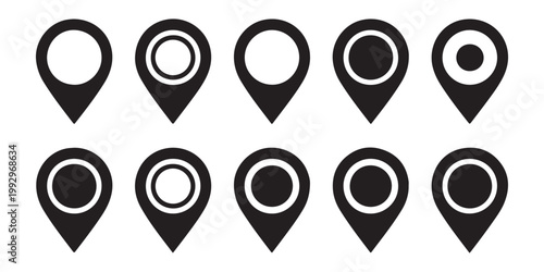 Set of black location pin icon with various circle designs. map pointer symbol in flat style for gps navigation.