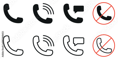 Modern phone call icons set displaying various communication states in solid and outline styles