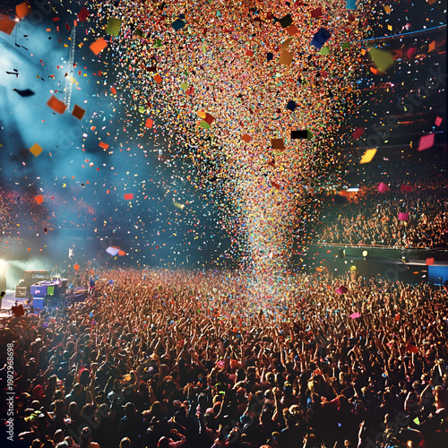 Celebration concert event arena confetti shower vibrant atmosphere crowd perspective