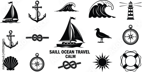 Nautical Marine Travel Silhouette Icon Set Sailboat Anchor Wave Collection