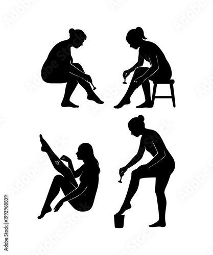 Women silhouettes set shaving leg with razor for body care and beauty routine