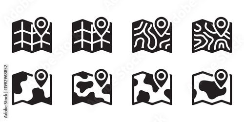 Collection of flat map icons with location pins representing navigation and travel destinations, perfect for digital maps.