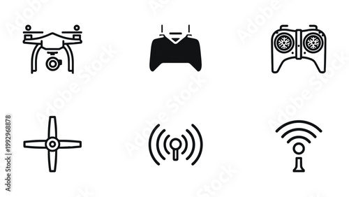 Drone Icons: A series of clean, minimalist line icons showcasing various elements related to unmanned aerial vehicles (drones), including a drone, remote control, and signal indicators.