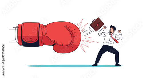 Giant red boxing glove hitting a surprised businessman represents unexpected business challenges, competition, or knockout blows.