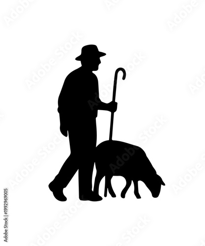 Shepherd with sheep silhouette on white background