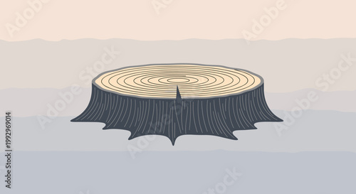 Large old tree stump in a vast desolate landscape symbolizing deforestation and environmental impact on the natural world.