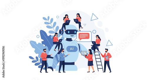 Diverse team of professionals collaborating and interacting around a giant humanoid robot represents AI development and teamwork.