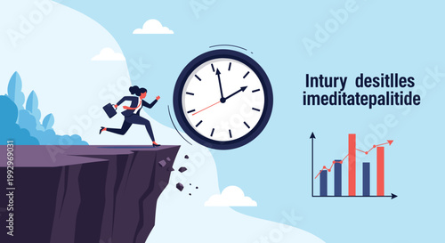 Stressed businesswoman running towards a cliff edge while a giant rolling clock pursues her, symbolizing deadlines and time management.