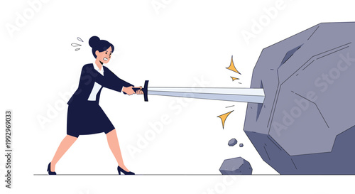 Determined businesswoman stabbing a giant stone rock with a sword representing hard work, overcoming obstacles, and strength.