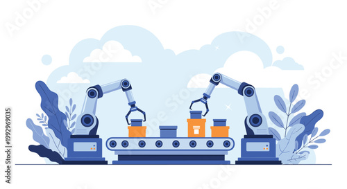 Two blue robotic arms working on a conveyor belt in a modern automated factory setting for efficient product assembly.