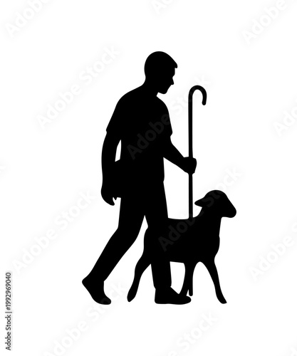 Young shepherd with sheep silhouette on white background