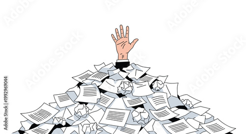 Desperate hand reaching out for help from underneath a massive pile of office paperwork and documents, illustrating being overwhelmed at work.