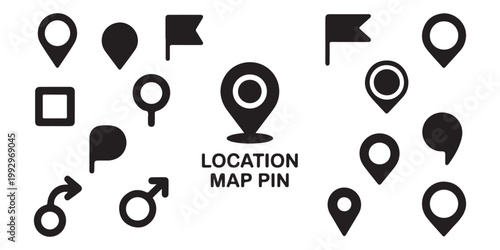 Assortment of location map pin icons, flag markers, and directional arrows for navigation and travel features.