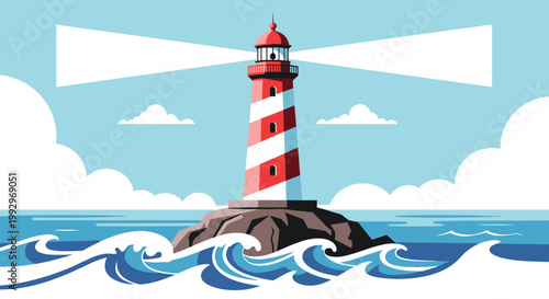 Red and white striped lighthouse on a rocky shore illuminating the wavy blue ocean under a bright sky with clouds.