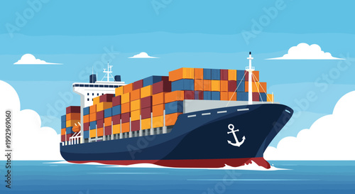 Large container ship sailing across the blue ocean under a cloudy sky, representing global logistics, international trade, and marine transport.