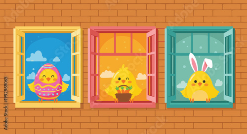 Three adorable Easter chicks in colorful windows, featuring one in an egg, one with a basket of carrots, and one wearing fluffy bunny ears.