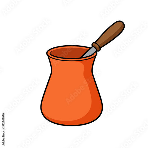Orange Coffee Pot with Wooden Handle Spoon, Isolated Vector Illustration for Café or Beverage Concept