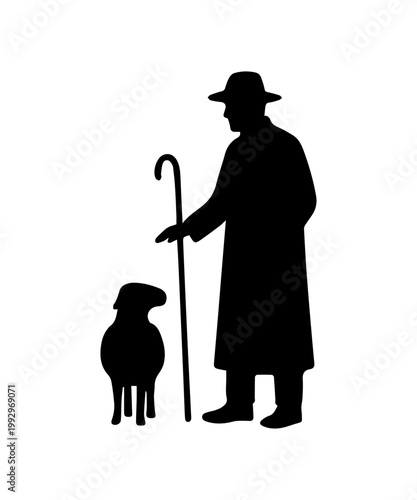 Adult man shepherd with sheep silhouette on white background