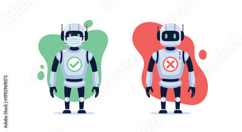 Robot wearing a face mask with a green checkmark versus a robot without a mask with a red cross for safety guidelines.