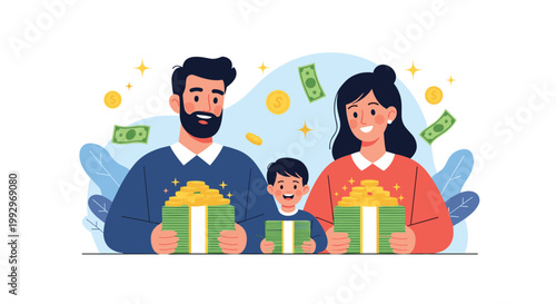 Happy family with father mother and son holding large stacks of money and coins representing wealth and financial security.