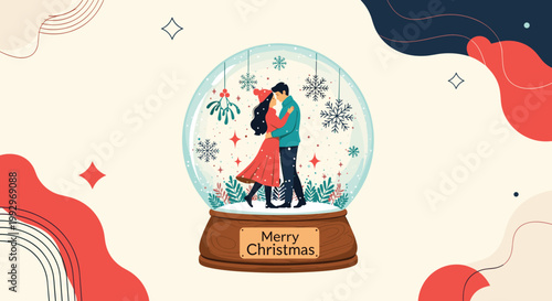 Romantic couple in a winter snow globe with snowflakes and mistletoe for Merry Christmas holiday celebration card.