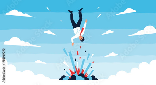 Businessman falling down from the sky through clouds representing career failure financial crash or sudden job loss.